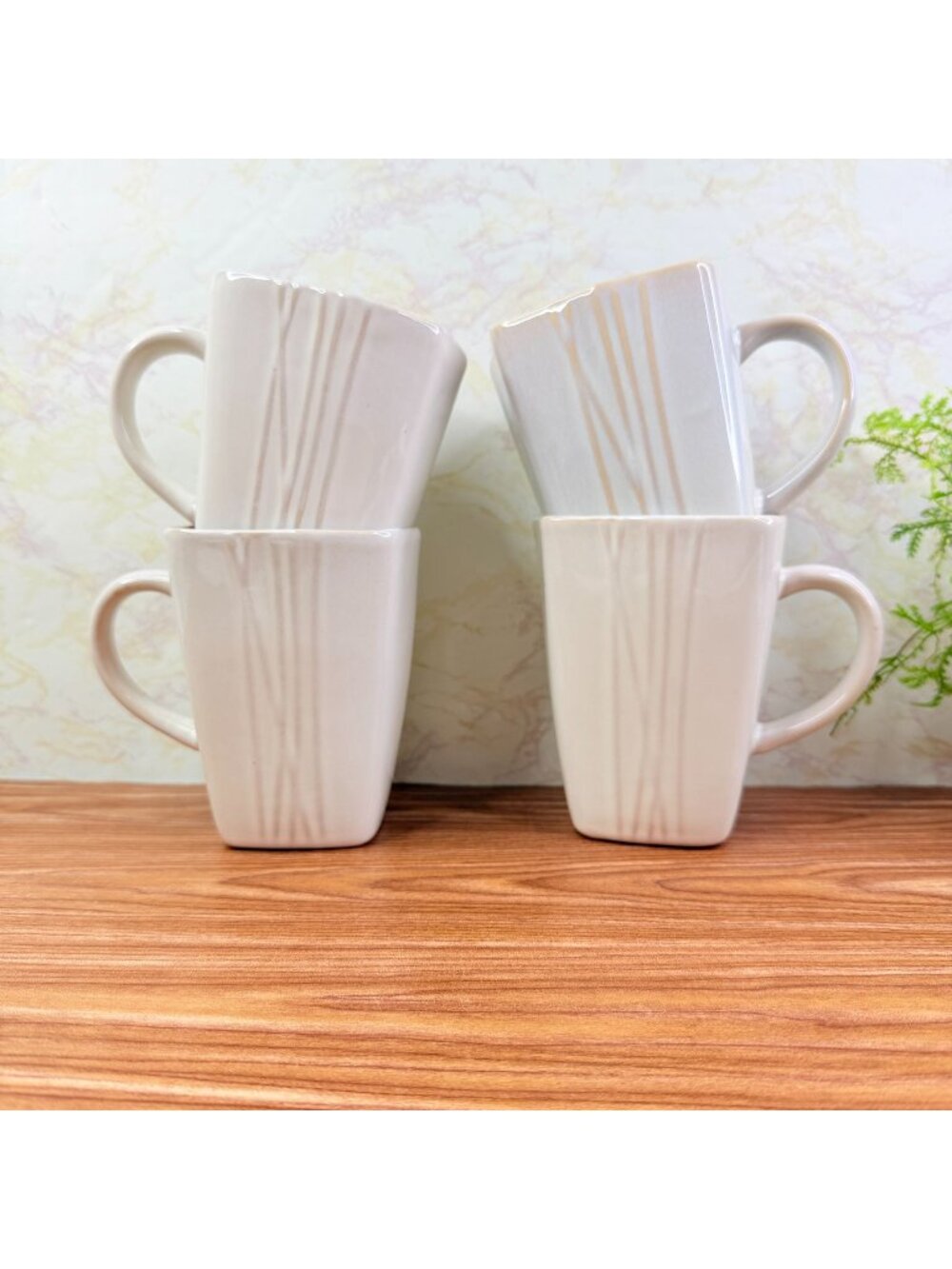 Pier 1 SAKUI Off White Ceramic Square Ribbed Textured Coffee Mugs Cups Set of 4